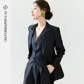 扶摇 高端西装外套女新中式盘扣黑色条纹西服套装气质职业装