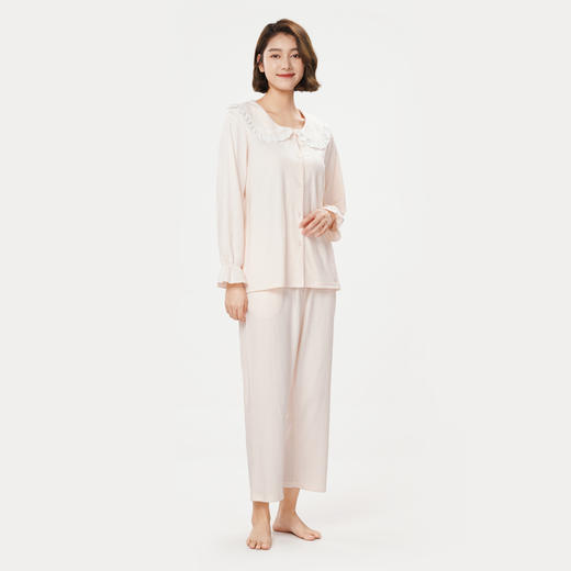 都市丽人好睡好眠春夏睡衣女CVC泡泡直条提花家居服薄款长袖长裤女士套装LH41A8 商品图2