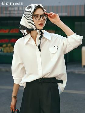 欧芮儿法式米白色衬衫女春日2024新款刺绣长袖衬衣气质上衣高级感