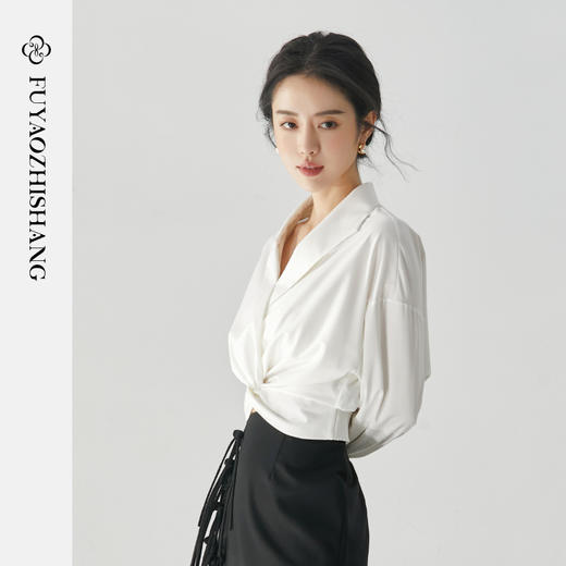 扶摇 高级感捏褶通勤缎面女士长袖衬衫上衣2025春秋装白衬衣 商品图0