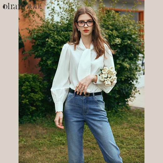 OLrain欧芮儿法式米白色雪纺衫女早春2024年新款气质时尚绑结衬衫 商品图0