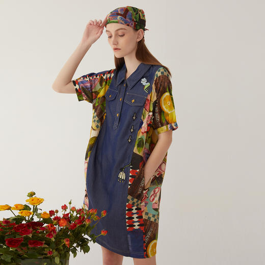 谜底牛仔拼接连衣裙短袖2024夏新款复古原创印花中长裙246ML7032 商品图1