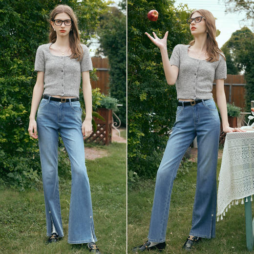 OLrain欧芮儿灰色针织衫女早春2024年新款方领气质高级感短袖上衣 商品图4