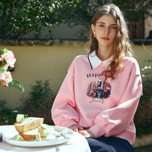 OLrain欧芮儿粉色套头卫衣女早春2024年新款宽松显瘦浪漫印花长袖 商品图1