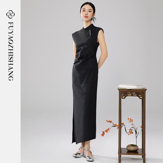 FUYAO扶摇 深灰色旗袍长裙早春开衩复古斜襟立领新中式短袖连衣裙 商品图3