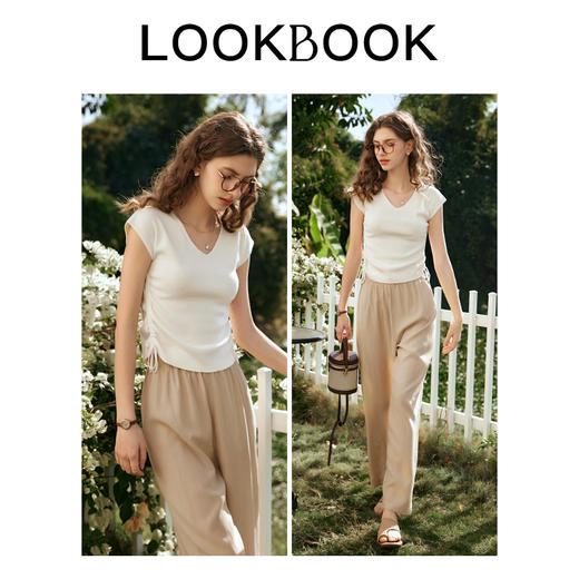 OLrain欧芮儿杏色V领针织衫女早春2024年新款冰丝抽绳短袖上衣 商品图4