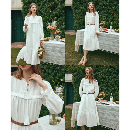 OLrain欧芮儿法式米白色连衣裙女早春2024新款气质刺绣蕾丝边长裙 商品图2