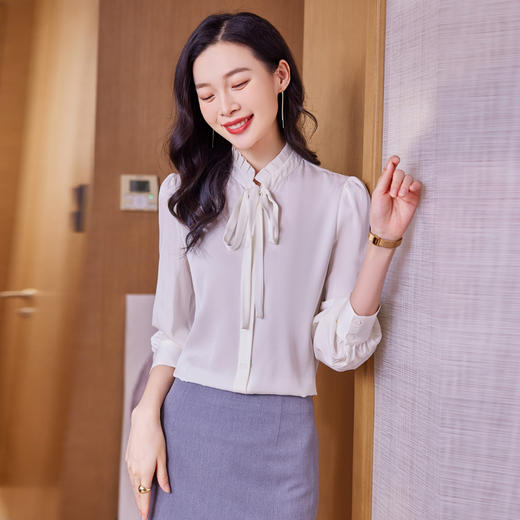 时尚优雅，褶皱系带领口真丝衬衫HR-ASE9623 商品图6