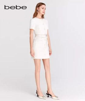 【2F 】bebe2024春季新款女士蕾丝珍珠扣肌理感小香风连衣裙