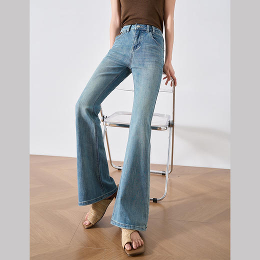 OLrain欧芮儿蓝色牛仔裤女春季2024年新款复古高腰显瘦百搭微喇裤 商品图1