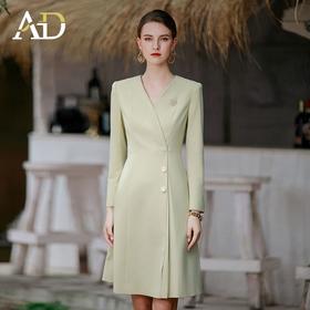 AD春装女2023年新款嫩黄色高级感连衣裙时尚V领西服裙主持人正装