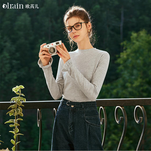 OLrain欧芮儿花灰色长袖T恤女早春2024年新款气质百搭打底衫 商品图0