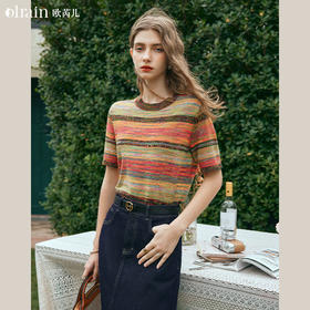OLrain欧芮儿条纹针织衫女早春2024年新款彩色渐变别致短袖上衣