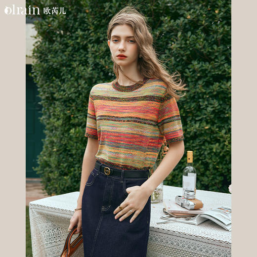 OLrain欧芮儿条纹针织衫女早春2024年新款彩色渐变别致短袖上衣 商品图0
