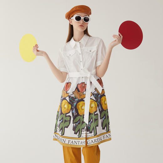 谜底复古印花连衣裙2024夏新款翻领绑带收腰中长裙短袖246ML7027 商品图2