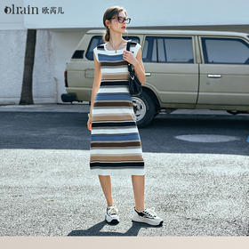 OLrain欧芮儿条纹连衣裙女早春2024年新款气质收腰针织无袖裙子