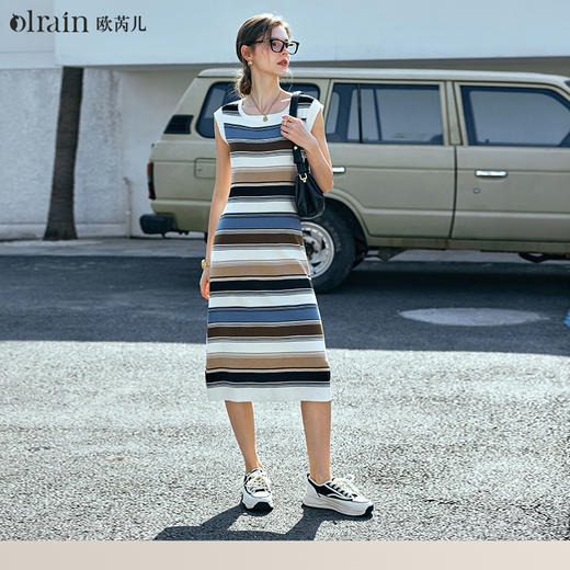 OLrain欧芮儿条纹连衣裙女早春2024年新款气质收腰针织无袖裙子 商品图0