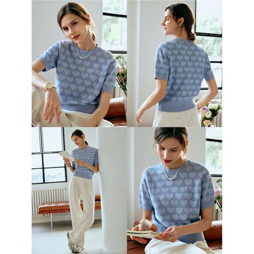 OLrain欧芮儿浅蓝色针织衫女早春2024年新款双色爱心提花短袖上衣 商品图3