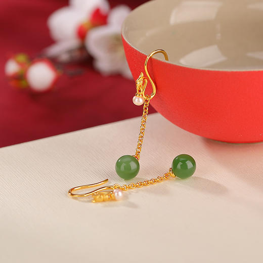 S925纯银镀金和田碧玉淡水珍珠，国潮龙凤呈祥圆珠耳坠银耳钩CW-EG01918 商品图2