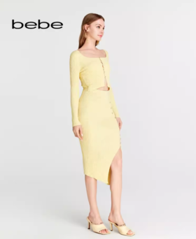 【2F】bebe2024春季新款女士钻饰镂空开叉修身针织连衣裙