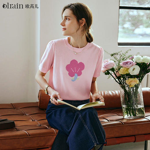 OLrain欧芮儿粉色针织衫女早春2024年新款圆领甜美小花短袖套头衫 商品图0