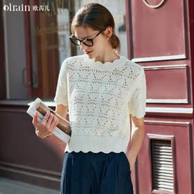 OLrain欧芮儿法式杏白色针织衫女早春2024新款宽松度假风镂空上衣