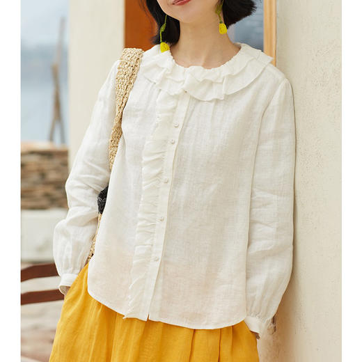 纯亚麻木耳边对丝，复古双层领女衬衣 清爽女上衣HS24833 商品图0