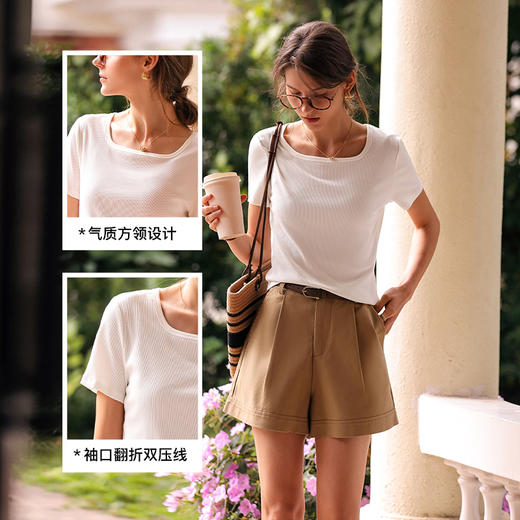 OLrain欧芮儿白色正肩T恤女早春2024年新款时尚简约百搭显瘦短袖 商品图3