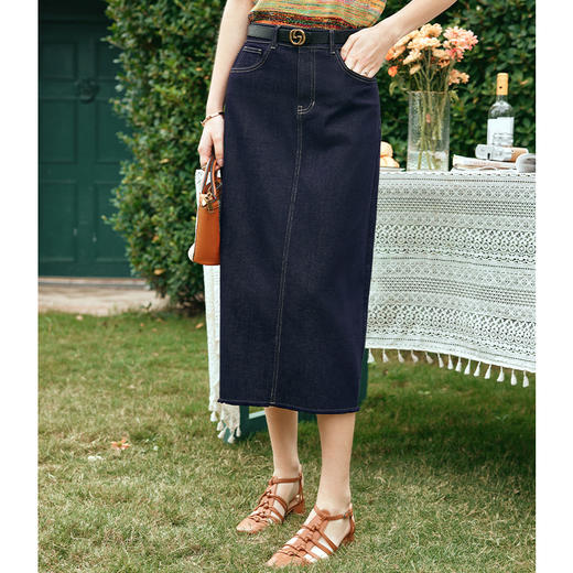 OLrain欧芮儿牛仔蓝半身裙女早春2024年新款高腰开叉A字包臀裙 商品图1