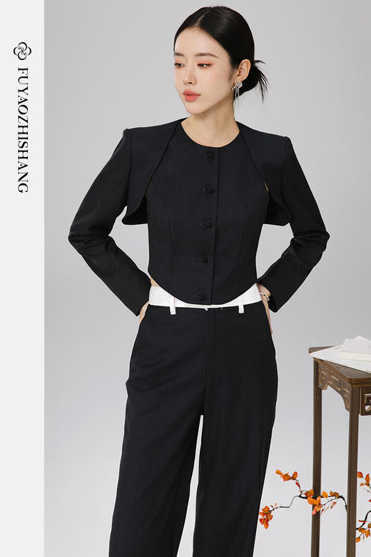 FUYAO扶摇 新中式百搭坎肩女灰色气质国风短西装外套直筒裤两件套 商品图5
