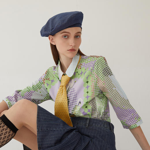 谜底合体花色衬衫女2024夏新款文艺风原创印花衬衣分袖246MC7006 商品图1