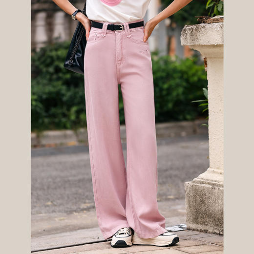 OLrain欧芮儿粉色高腰牛仔裤女早春2024年新款复古通勤休闲直筒裤 商品图1