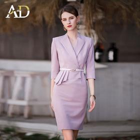 AD假两件连衣裙女气质紫色西服裙春夏高端工作服前台礼仪接待服装