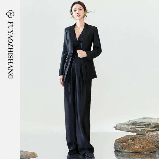 扶摇 高端西装外套女新中式盘扣黑色条纹西服套装气质职业装 商品图3