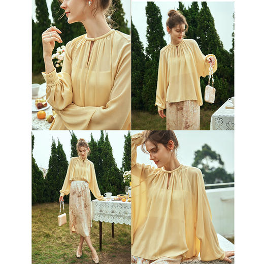 OLrain欧芮儿黄色雪纺衫女春季2024新款简约气质插肩袖宽松上衣 商品图2