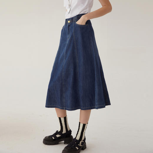 谜底气质牛仔半身裙2024夏季新款复古高腰A型长裙松紧腰246MB7003 商品图1