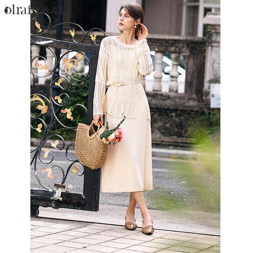 OLrain欧芮儿时尚套装女早春2024新款镂空针织衫吊带连衣裙两件套 商品图0