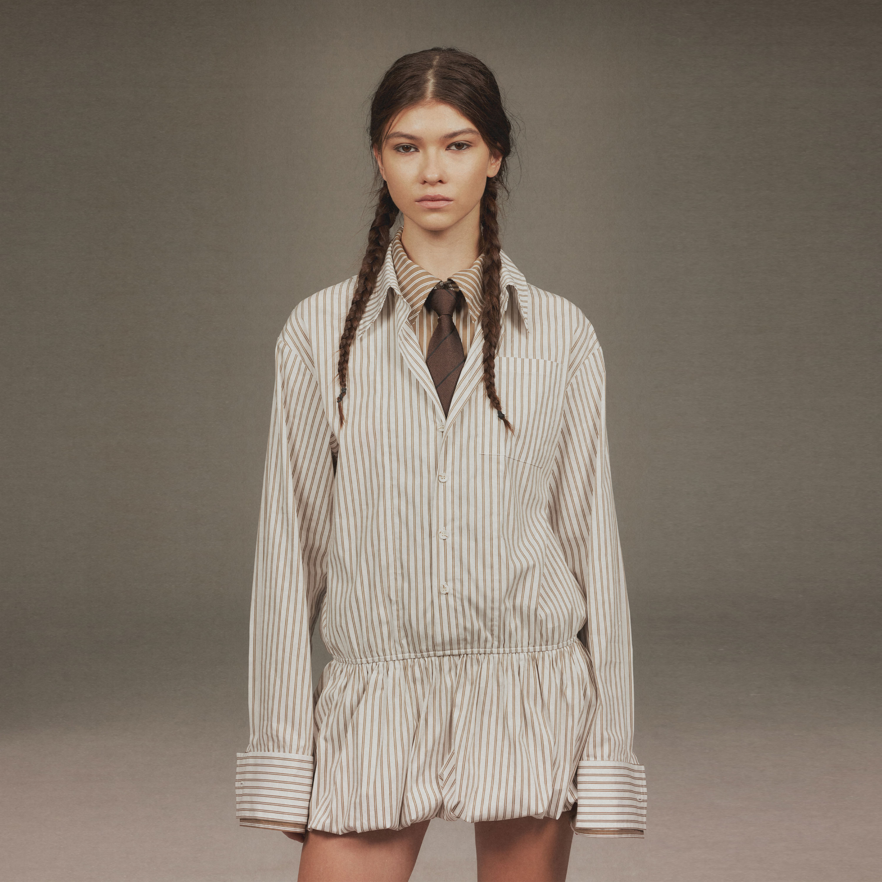 NUTH假两件收腰显瘦条纹长袖衬衫连衣裙女