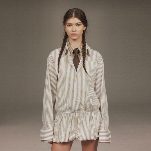 NUTH假两件收腰显瘦条纹长袖衬衫连衣裙女 商品图0