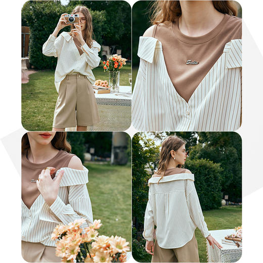 OLrain欧芮儿条纹V领衬衫女早春2024新款复古露肩长袖假两件上衣 商品图2