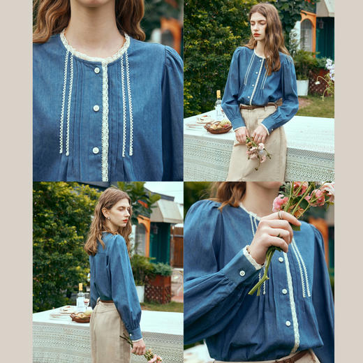 OLrain欧芮儿蓝色衬衫女春季2024年新款蕾丝花边水洗牛仔衬衣上衣 商品图2