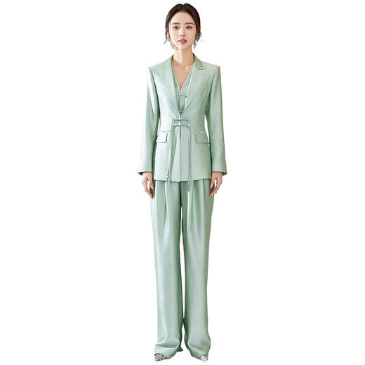 扶摇 中国风盘扣绿色西装外套两件套女春高级感休闲时尚套装 商品图4