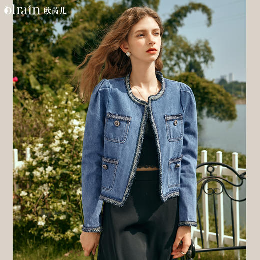 OLrain欧芮儿法式小香风牛仔外套女早春2024年新款复古圆领上衣 商品图0