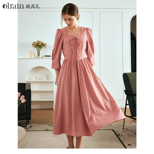 OLrain欧芮儿法式珊瑚粉连衣裙女早春2024新款茶歇收腰泡泡袖裙子 商品图0