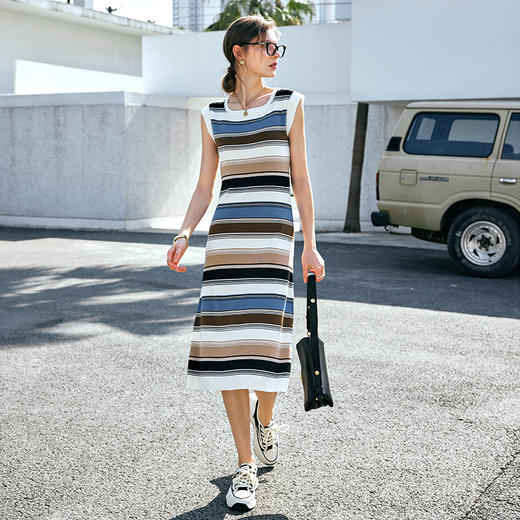 OLrain欧芮儿条纹连衣裙女早春2024年新款气质收腰针织无袖裙子 商品图4
