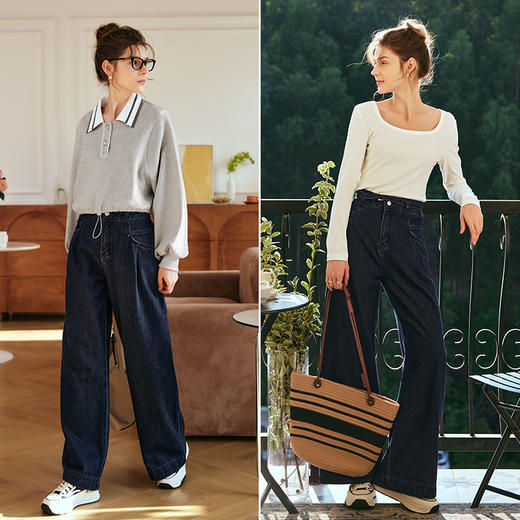 OLrain欧芮儿直筒牛仔裤女秋冬2023年新款高腰显瘦百搭微喇长裤 商品图4