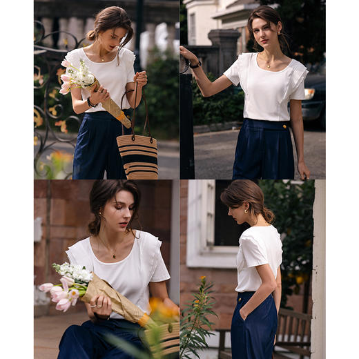 OLrain欧芮儿米白色正肩T恤女早春2024年新款气质方领荷叶边短袖 商品图3