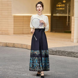 新中式国潮风气质刺绣衬衣，马面裙印花两件套 HR-HY9899