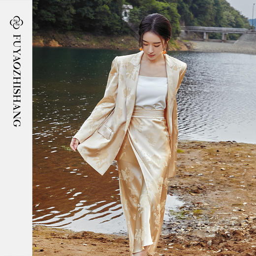 扶摇 提花新中式高级醋酸西装套装女气质温柔国风休闲西服 商品图0