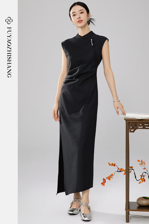 FUYAO扶摇 深灰色旗袍长裙早春开衩复古斜襟立领新中式短袖连衣裙 商品图5